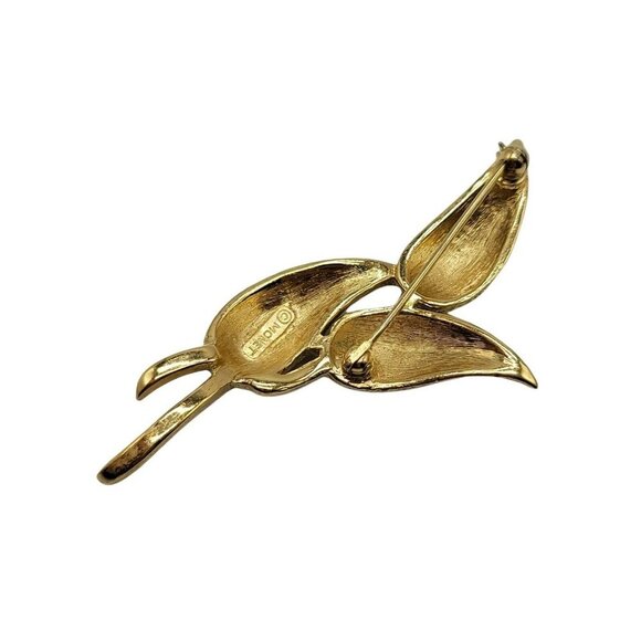 1960s Large Monet Gold Tone Three Leaf Brooch Pin Open Work Signed Estate - Picture 4 of 4